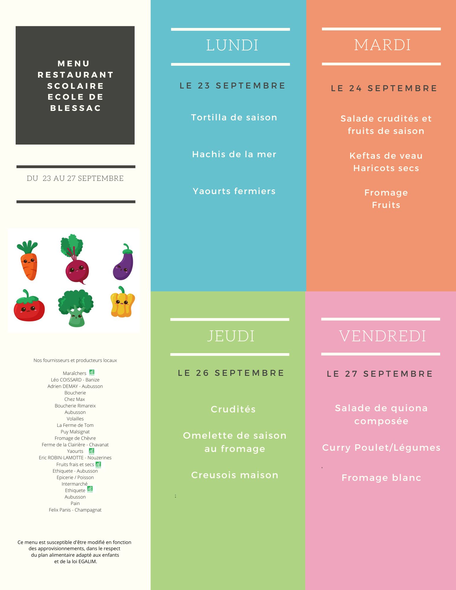 Menus du 23 au 27 septembre