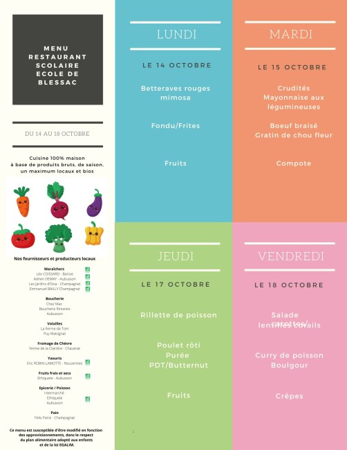 Menus du 14 au 18 octobre